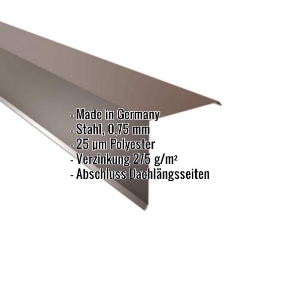 Ortgangwinkel Nussbraun RAL 8011 aus Stahl 0,75 mm mit 25 µm Polyesterbeschichtung, Infografik mit Eckdaten