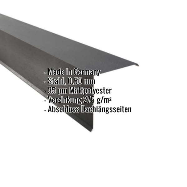Ortgangwinkel aus Stahl, dunkelgrau, 0,50 mm, mit Mattpolyester-Beschichtung und eingeblendeten Eckdaten
