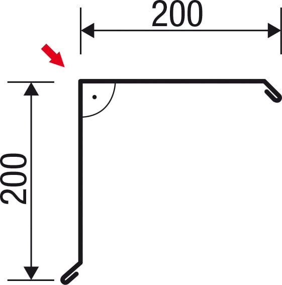 Technische Zeichnung: Querschnitt des Ortgangwinkels, 200 mm x 200 mm Schenkellaenge, mit Massangaben