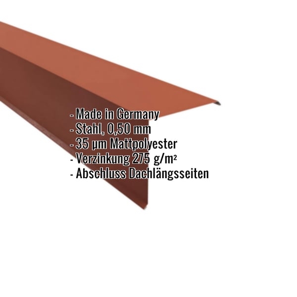 Ortgangwinkel Ziegelrot, 0,50 mm Stahl, Mattpolyester Beschichtung, mit eingeblendeten Eckdaten