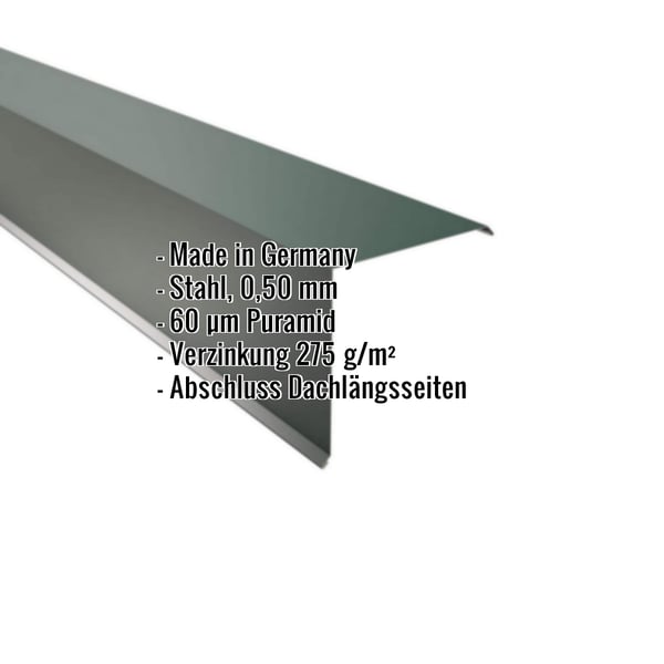 Ortgangwinkel 20x20 cm Stahl 0,50 mm Moosgrün mit Puramid-Beschichtung, Eckdaten eingeblendet