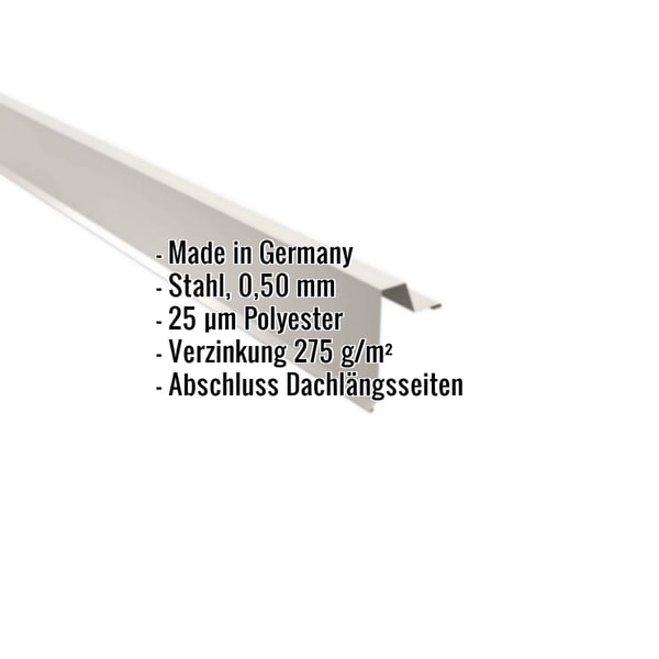 Ortgangwinkel Reinweiß (RAL 9010) aus Stahl 0,50 mm, mit eingeblendeten Eckdaten