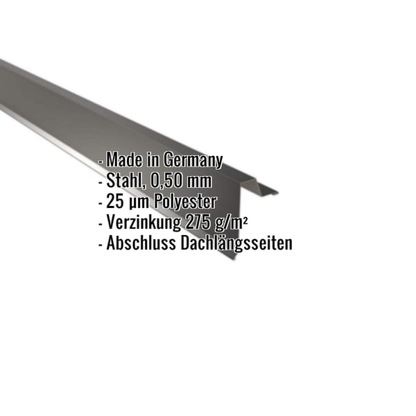Ortgangwinkel Stehfalzprofil 33/500 Tiefschwarz, Stahl 0,50 mm, mit eingeblendeten Eckdaten