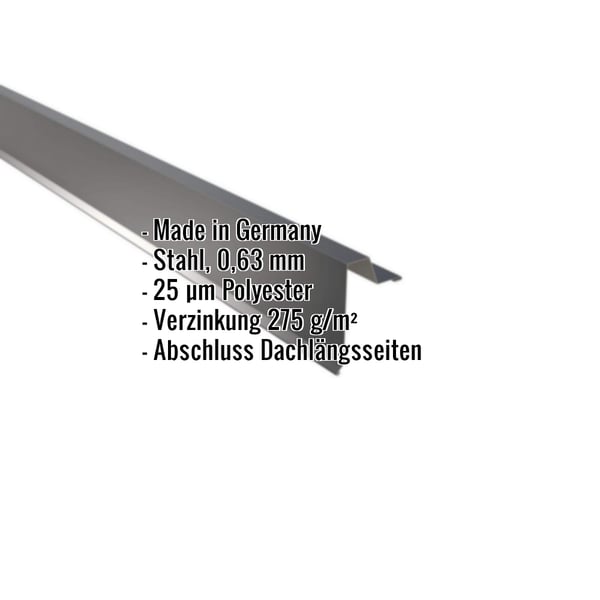 Ortgangwinkel Stehfalzprofil 33/500 Anthrazitgrau mit eingeblendeten Eckdaten zu Material und Staerke