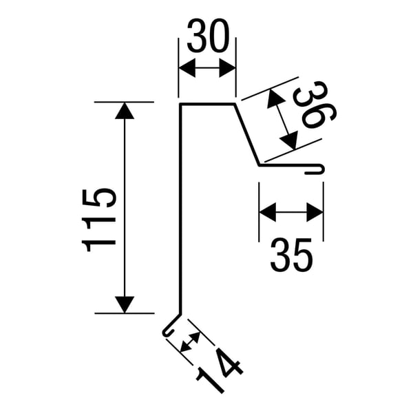 Technische Zeichnung Ortgangwinkel Stehfalzprofil 33/500 mit Massen 30, 36, 35, 115, 14 mm