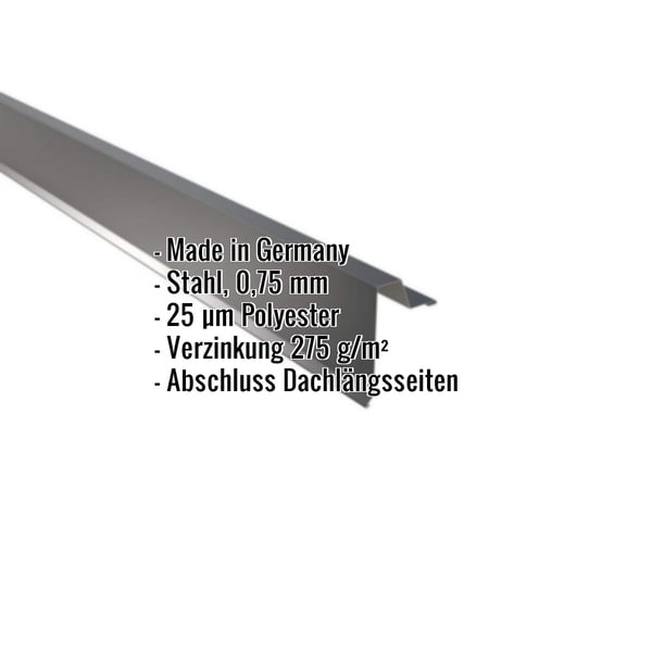 Ortgangwinkel Stehfalzprofil 33/500 Anthrazitgrau, Stahl 0,75 mm, 25 µm Polyester, mit eingeblendeten Eckdaten