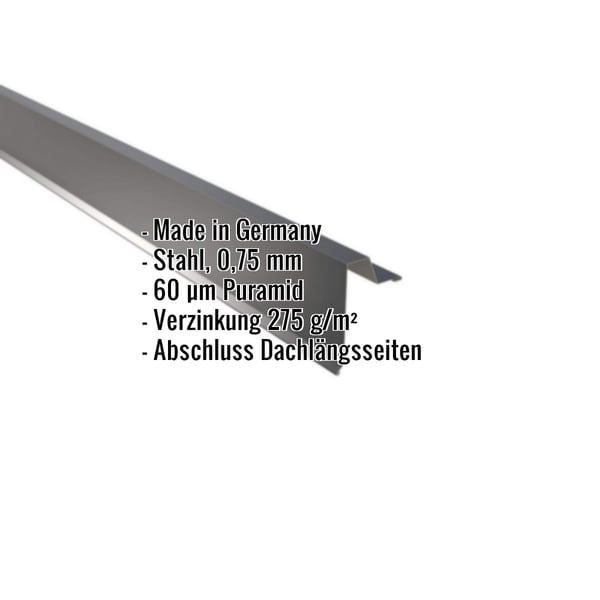 Ortgangwinkel Anthrazitgrau RAL 7016 mit eingeblendeten Eckdaten: Stahl 0,75 mm, 60 µm Puramid, Verzinkung, Abschluss