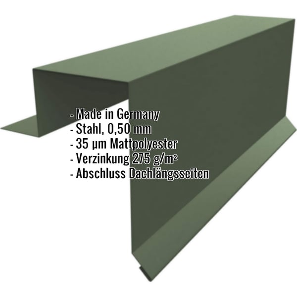 Ortgangwinkel Stehfalzprofil PD-510-S, Stahl 0,50 mm, mattpolyester grün, mit eingeblendeten Eckdaten