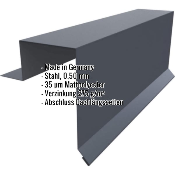 Ortgangwinkel Stehfalzprofil PD-510-S Anthrazitgrau, 0,50 mm Stahl, mit eingeblendeten Eckdaten