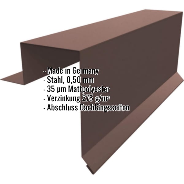 Ortgangwinkel Stehfalzprofil PD-510-S schokoladenbraun, Stahl 0,50 mm, 35 µm Mattpolyester, Eckdaten eingeblendet