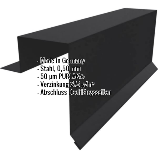 Ortgangwinkel Stehfalzprofil PD-510-S Tiefschwarz, Stahl 0,50 mm, mit eingeblendeten Eckdaten