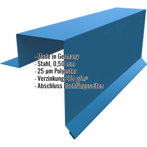 Ortgangwinkel Stehfalzprofil PD-510-S Enzianblau RAL 5010, 0,50 mm Stahl, mit eingeblendeten Eckdaten