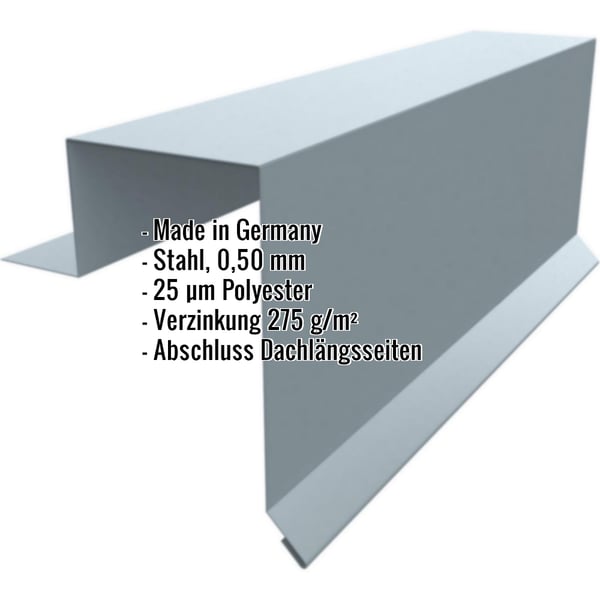 Ortgangwinkel Stehfalzprofil PD-510-S Fehgrau mit eingeblendeten Eckdaten zu Material und Beschichtung