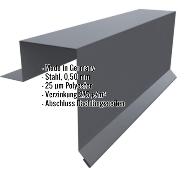 Ortgangwinkel Stehfalzprofil PD-510-S Graphitgrau, 0,50 mm Stahl, mit eingeblendeten Eckdaten