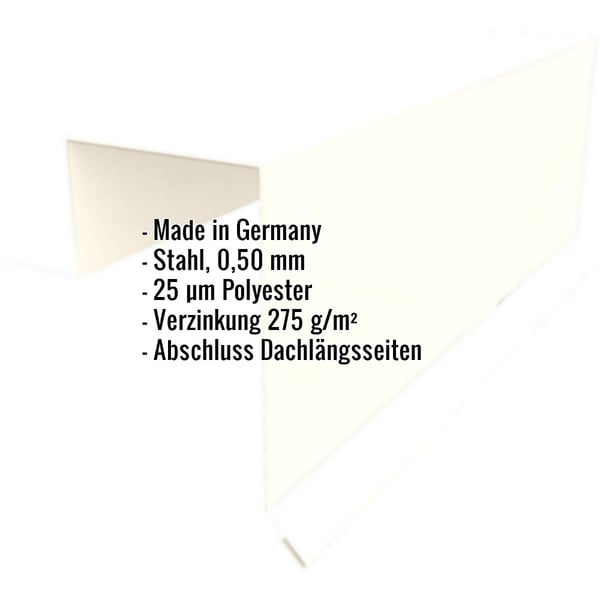 Ortgangwinkel Stehfalzprofil PD-510-S Reinweiß, 0,50 mm Stahl, mit eingeblendeten Eckdaten