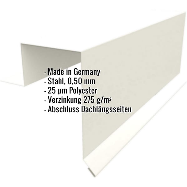 Ortgangwinkel Stehfalzprofil PD-510-S Grauweiß RAL 9002 mit eingeblendeten Eckdaten zu Material und Beschichtung