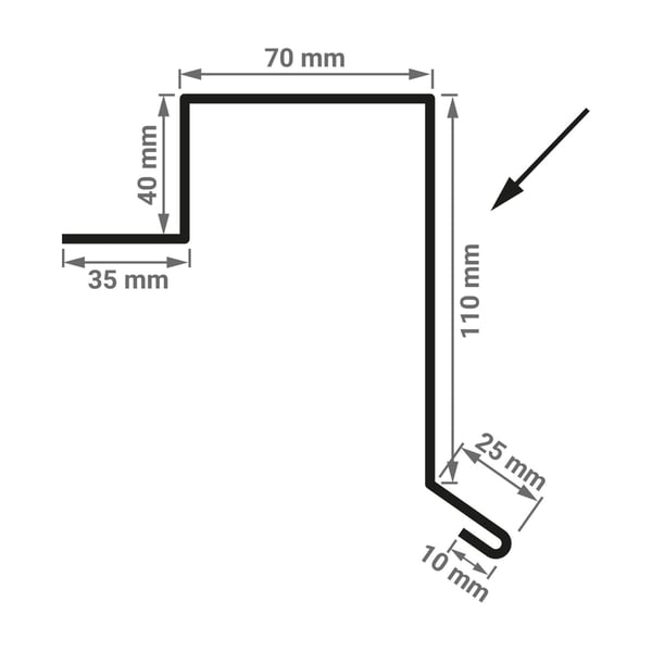 Technische Zeichnung des Ortgangwinkels Stehfalzprofil PD-510-S mit Massen 70 mm, 40 mm, 35 mm, 110 mm, 25 mm, 10 mm