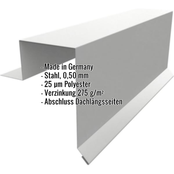 Ortgangwinkel Stehfalzprofil PD-510-S Weißaluminium RAL 9006 mit eingeblendeten Eckdaten