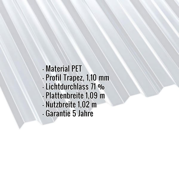 PET Spundwandplatte klar 1,10 mm mit eingeblendeten Eckdaten zu Material, Profil, Lichtdurchlass, Breite und Garantie