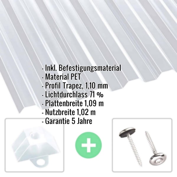 PET Spundwandplatte klar, 1,10 mm, mit eingeblendeten Eckdaten und Befestigungsmaterial
