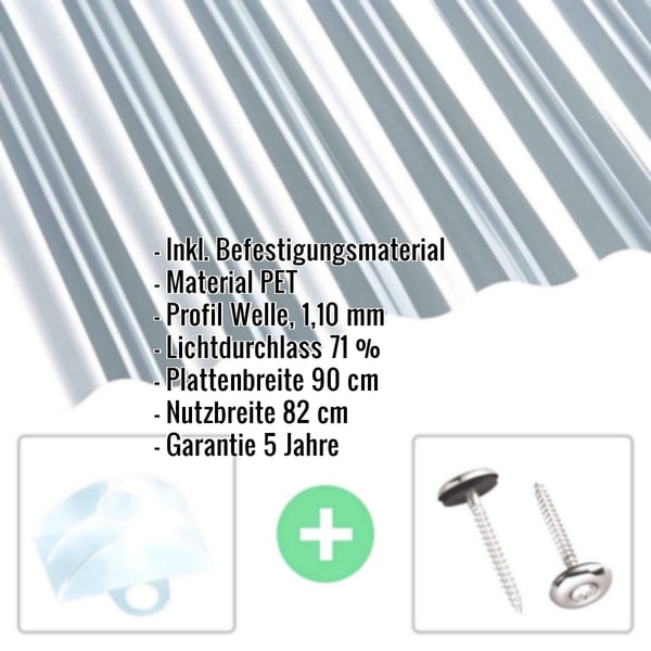 PET Wellplatte 76/18 klar, 1,10 mm mit eingeblendeten Eckdaten und Befestigungsmaterial