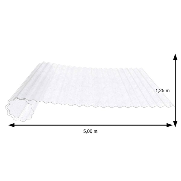 Technische Zeichnung der PET Wellrolle 76/18, klarbläulich, mit Massen 5,00 m x 1,25 m