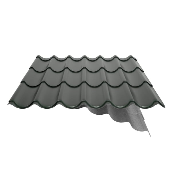 Pfannenblech 2/1060 Chromoxidgrün mit teilweise sichtbarem Anti-Tropf-Vlies, Detailansicht