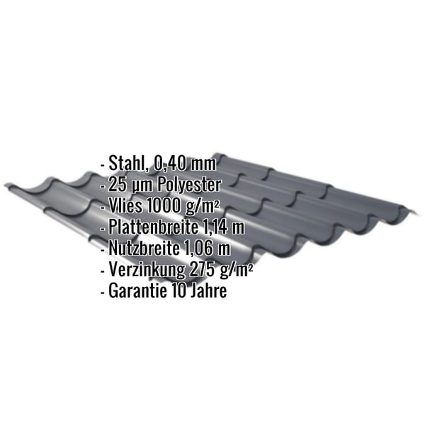 Pfannenblech Anthrazitgrau, 0,40 mm Stahl, mit eingeblendeten Eckdaten zu Material und Massen