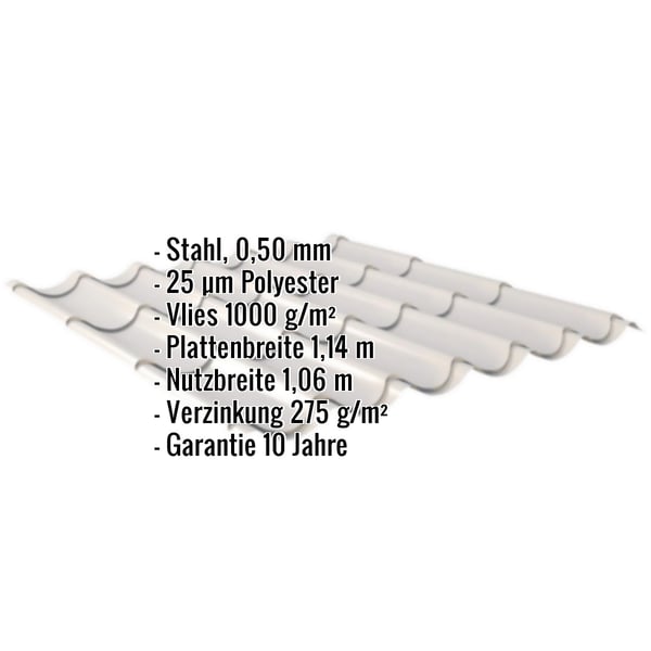 Pfannenblech Lichtgrau RAL 7035 mit eingeblendeten Eckdaten zu Material, Staerke und Beschichtung