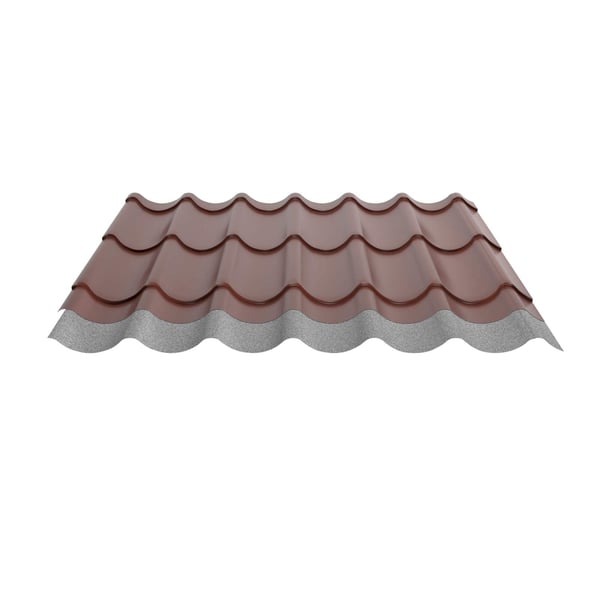 Pfannenblech 2/1060 rotbraun, 0,50 mm Stahl, mit sichtbarer Anti-Tropf-Vliesbeschichtung auf der Unterseite