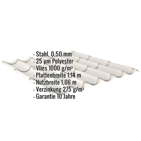 Pfannenblech 2/1060 Grauweiß mit eingeblendeten Eckdaten zu Material, Stärke, Beschichtung und Garantie