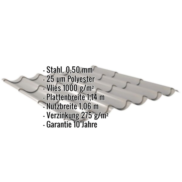 Pfannenblech Graualuminium mit eingeblendeten Eckdaten zu Material, Staerke und Beschichtung, Infografik