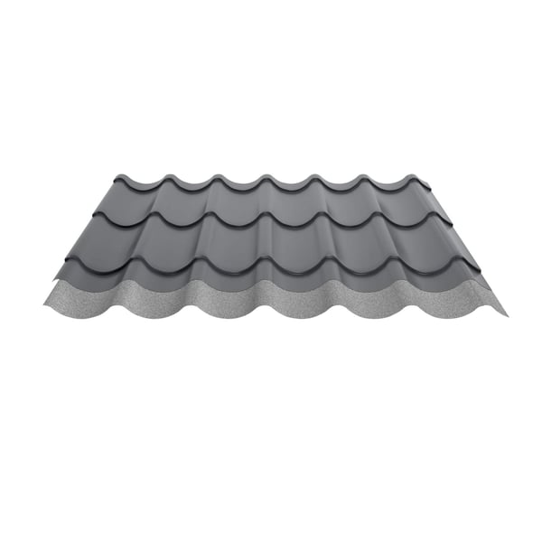 Pfannenblech 2/1060 dunkelgrau mit Anti-Tropf-Vlies auf der Unterseite, Schnittansicht