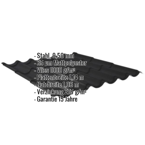 Pfannenblech 2/1060 schwarz, Stahl 0,50 mm, 35 µm Mattpolyester, Vlies 1000 g/m², mit Eckdaten-Einblendung