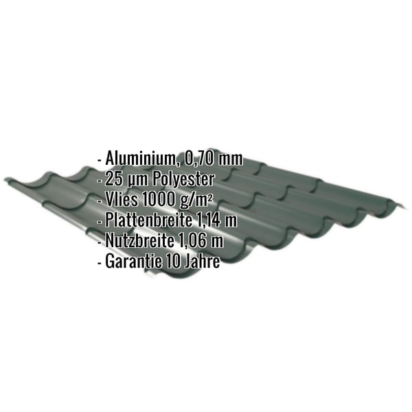 Moosgrünes Pfannenblech Aluminium 0,70 mm mit Polyesterbeschichtung und Vlies, Eckdaten eingeblendet
