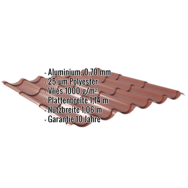 Pfannenblech 2/1060 Aluminium 0,70 mm rotbraun mit Anti-Tropf-Vlies, Eckdaten eingeblendet
