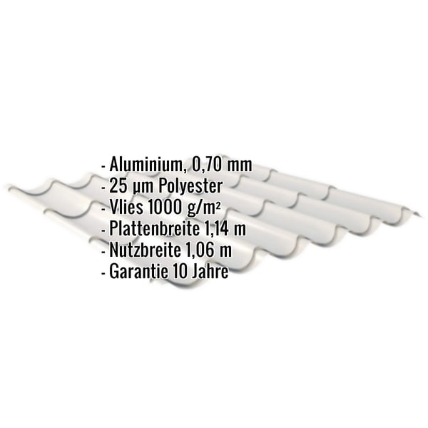 Pfannenblech Weißaluminium mit eingeblendeten Eckdaten zu Material, Staerke, Beschichtung und Garantie