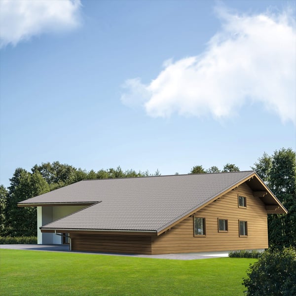 Holzhaus mit Dach aus Pfannenblech 2/1060 in Weißaluminium (RAL 9006) im Anwendungsbeispiel