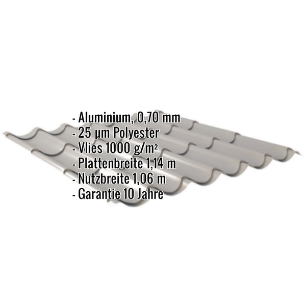 Pfannenblech Graualuminium mit eingeblendeten Eckdaten zu Material, Staerke, Beschichtung, Vlies und Massen