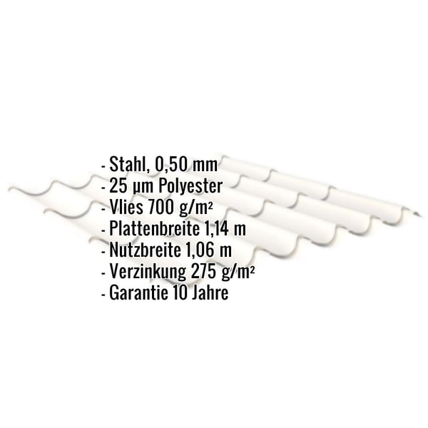 Pfannenblech Reinweiß RAL 9010 mit eingeblendeten Eckdaten zu Material, Stärke und Beschichtung