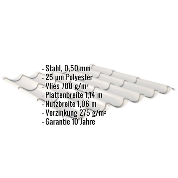 Pfannenblech Weißaluminium mit eingeblendeten Eckdaten zu Material, Stärke, Beschichtung und Maßen