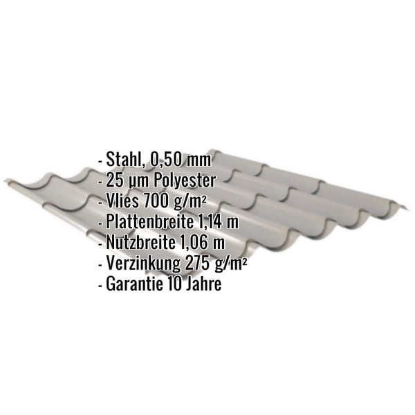 Pfannenblech Graualuminium mit eingeblendeten Eckdaten zu Material, Stärke, Beschichtung und Maßen