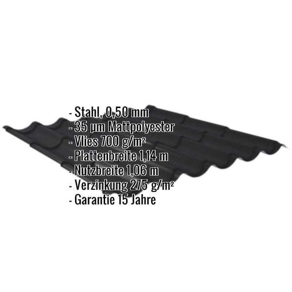 Pfannenblech 2/1060 schwarz, Stahl 0,50 mm, Mattpolyester 35 µm, Vlies 700 g/m², mit Eckdaten-Einblendung