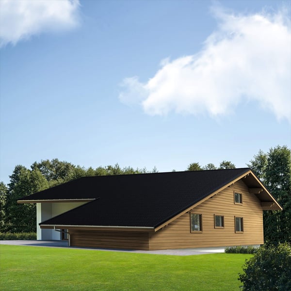 Pfannenblech 2/1060 schwarz auf einem Hausdach, Anwendungsbeispiel, Holzhaus mit schwarzem Dach