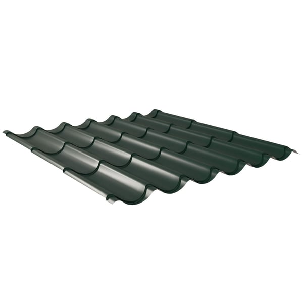 Pfannenblech 2/1060 Moosgrün, Stahl 0,50 mm, 60 µm Puramid Beschichtung, Hauptansicht schräg von oben