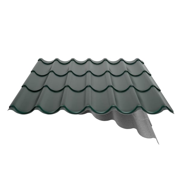 Pfannenblech 2/1060 Moosgrün mit teilweise sichtbarem Anti-Tropf-Vlies, Detailansicht