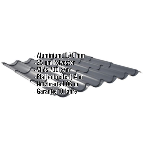 Pfannenblech Aluminium 0,70 mm Anthrazitgrau mit Polyesterbeschichtung und Vlies, Eckdaten eingeblendet