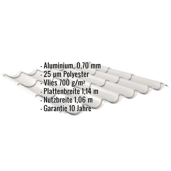 Pfannenblech Aluminium 0,70 mm Weißaluminium RAL 9006 mit Polyesterbeschichtung und Vlies, Eckdaten eingeblendet