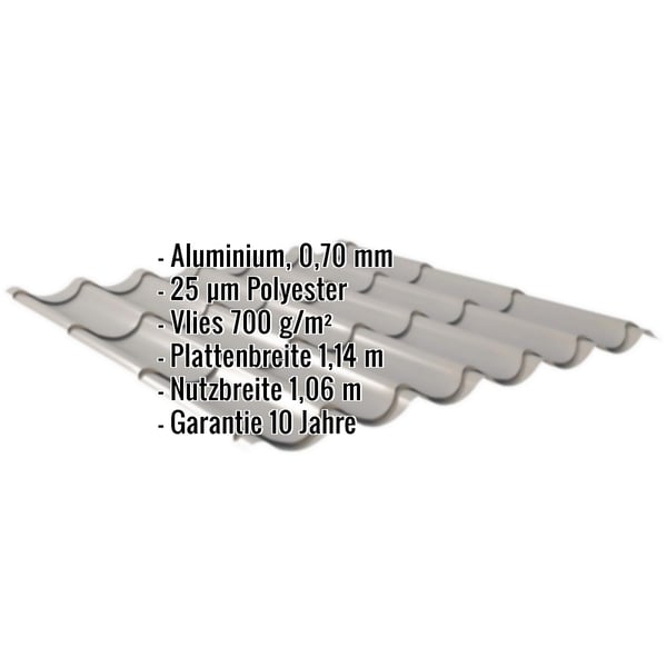 Pfannenblech Graualuminium mit eingeblendeten Eckdaten: Aluminium 0,70 mm, Polyester 25 µm, Vlies 700 g/m², Plattenbreite