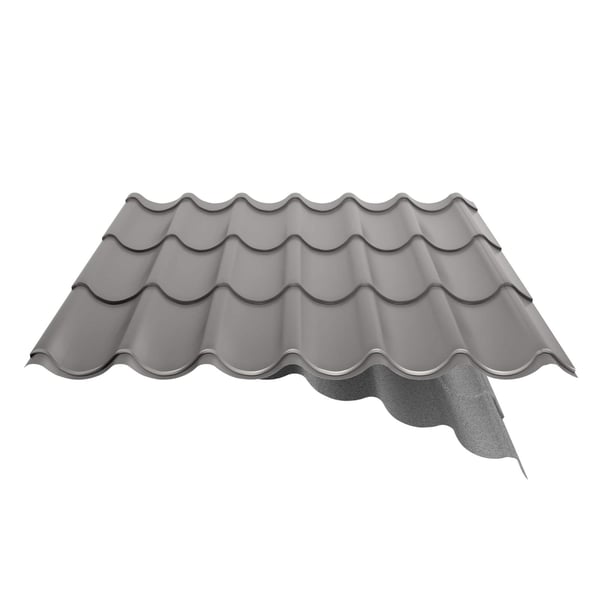 Pfannenblech Graualuminium mit teilweise abgezogenem Anti-Tropf-Vlies auf der Unterseite